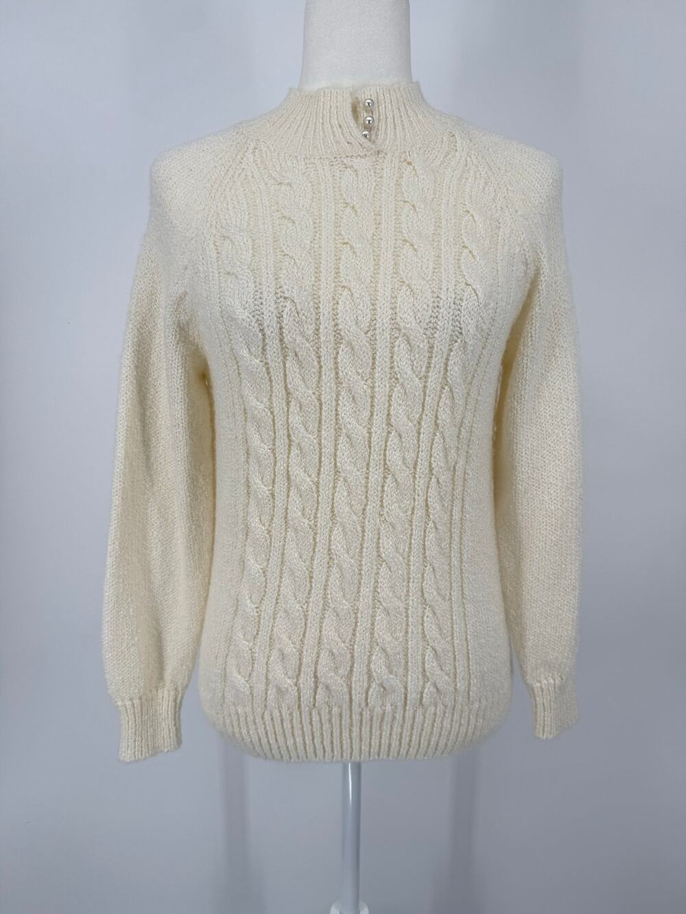 Karen Scott Petites Ivory Cable Knit Pearl Button Mock Neck Sweater P/S